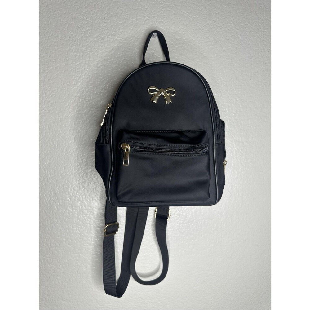 LD Backpack Bag Womens Mini Black Gold Bow Zip Pockets Daypack Travel